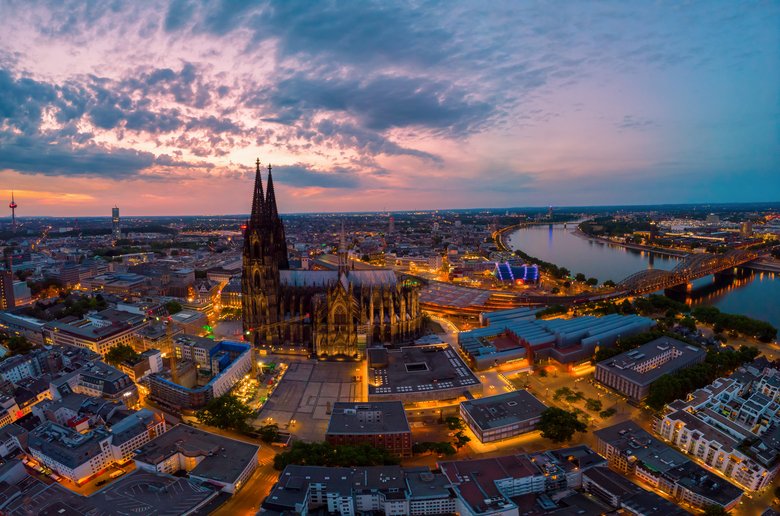 Cologne Germany view at the Dom of Cologne aerial drone view over Cologne rhine river Germany Cathedral at sunset